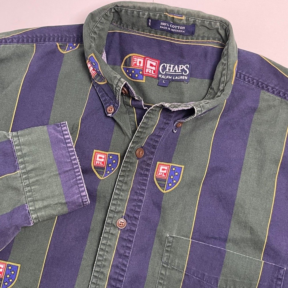 Chaps Ralph Lauren Men's Large Green Blue Striped Crest Button Down Long Sleeve